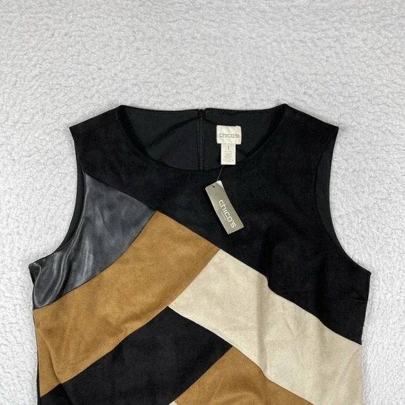 Chicos Dress Womens 1 Petite Medium 8P Black Brown Suede Faux Leather Patchwork - Picture 3 of 14